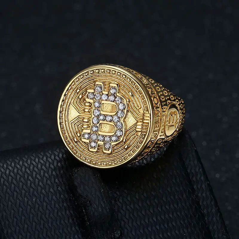 Stainless Steel Titanium Hip Hop Bling Iced Out Bitcoin Punk Rings for Men Women Couple Boyfriends Gift Fashion Jewelry