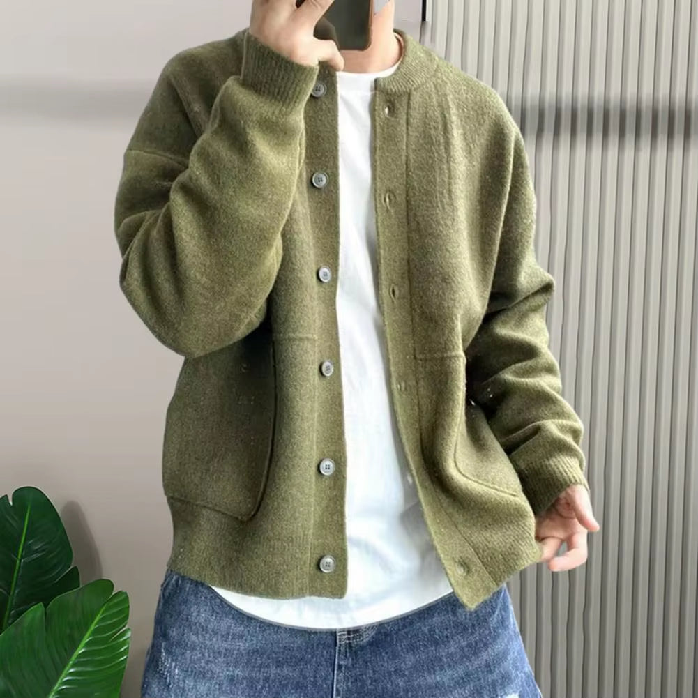 Sweater Coat Men'S round Neck Knitted Cardigan Sweater with Single-Breasted Closure Solid Color Long Sleeve Coat for Warmth