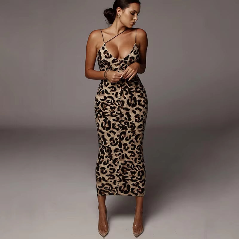 Leopard Print Sleeveless V-Neck Sexy Midi Dress Spring Women Fashion Streetwear Christmas Party Outfits