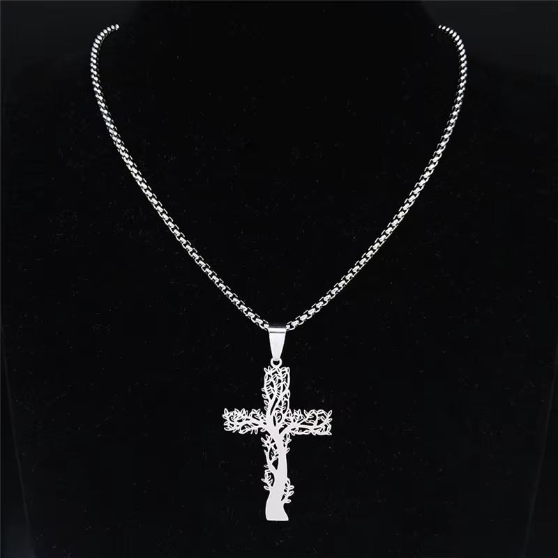 Stainless Steel Tree of Life Cross Pendant Necklace Silver Color Men Women Aesthetic Necklace Jewelry Arbol De La Vida N3018S02