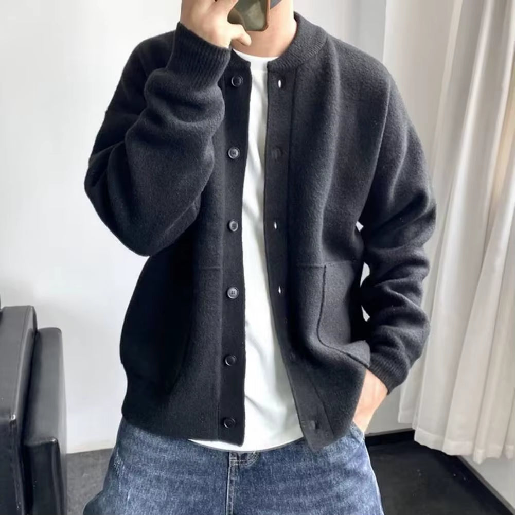 Sweater Coat Men'S round Neck Knitted Cardigan Sweater with Single-Breasted Closure Solid Color Long Sleeve Coat for Warmth