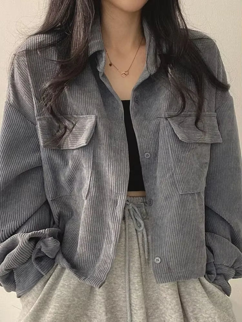 Women Vintage Corduroy Cropped Jacket Korean Fashion Long Sleeve Drawstring Blouses Female Loose Single Breasted Coats Cardigan