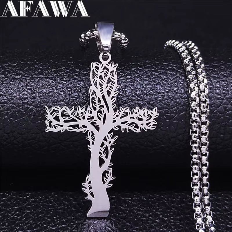 Stainless Steel Tree of Life Cross Pendant Necklace Silver Color Men Women Aesthetic Necklace Jewelry Arbol De La Vida N3018S02
