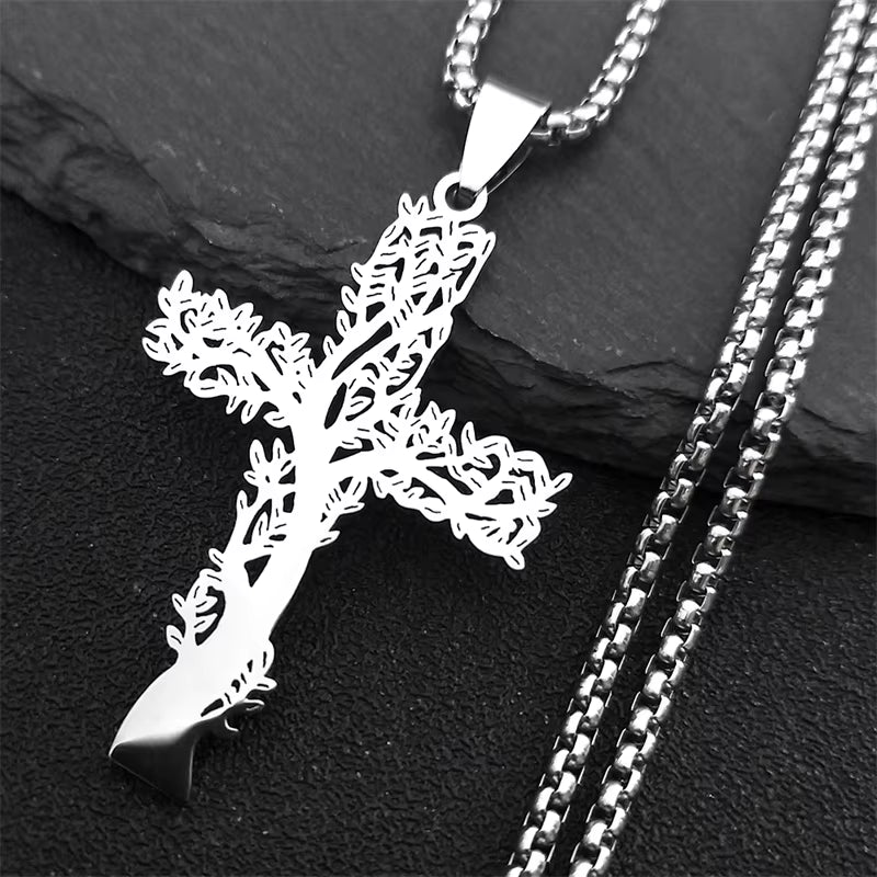 Stainless Steel Tree of Life Cross Pendant Necklace Silver Color Men Women Aesthetic Necklace Jewelry Arbol De La Vida N3018S02