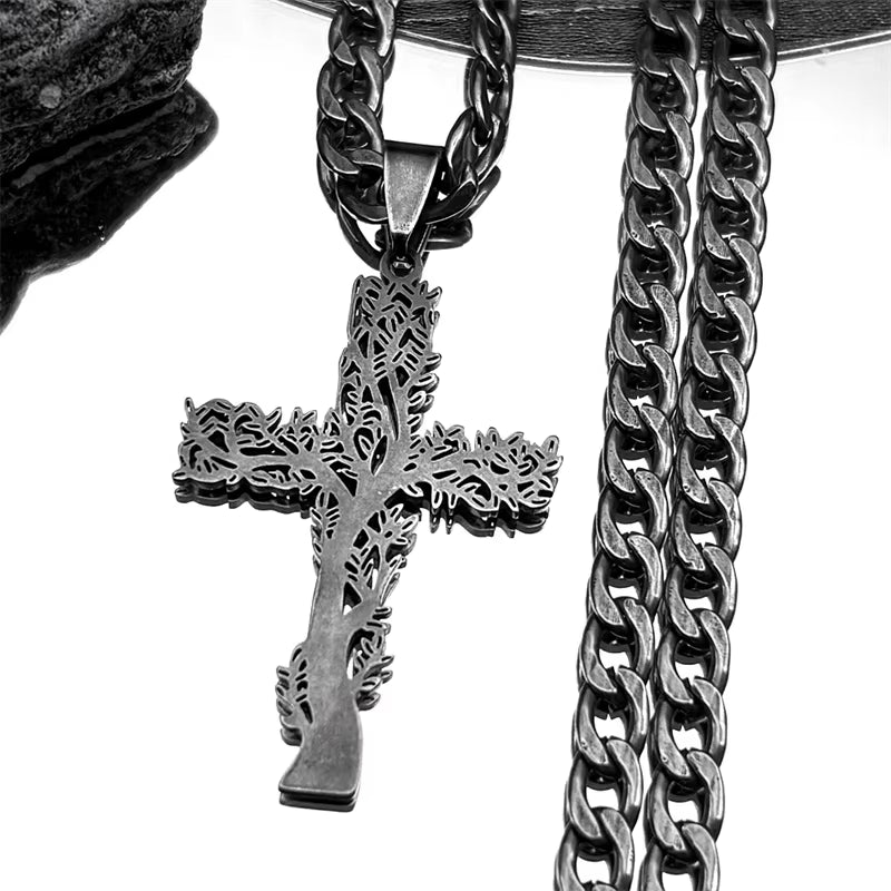 Stainless Steel Tree of Life Cross Pendant Necklace Silver Color Men Women Aesthetic Necklace Jewelry Arbol De La Vida N3018S02