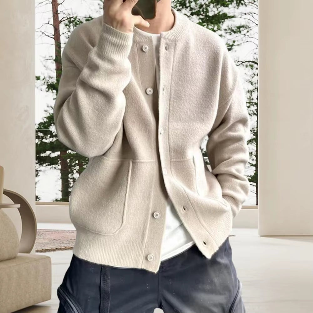 Sweater Coat Men'S round Neck Knitted Cardigan Sweater with Single-Breasted Closure Solid Color Long Sleeve Coat for Warmth