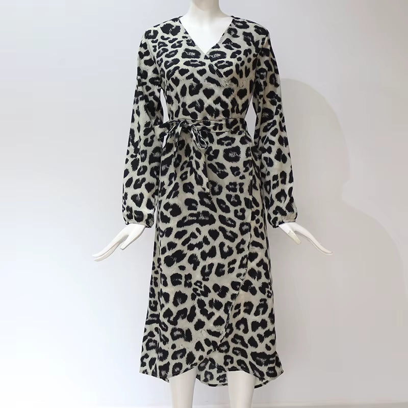 Leopard Print V-Neck Long Sleeved Lace up Dress