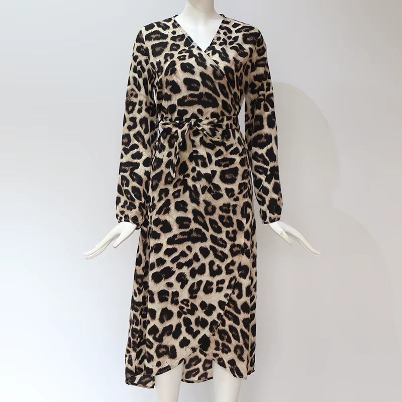Leopard Print V-Neck Long Sleeved Lace up Dress
