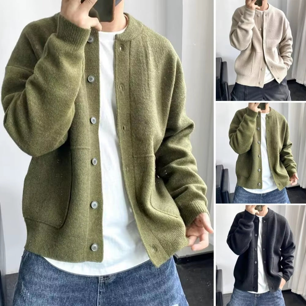 Sweater Coat Men'S round Neck Knitted Cardigan Sweater with Single-Breasted Closure Solid Color Long Sleeve Coat for Warmth