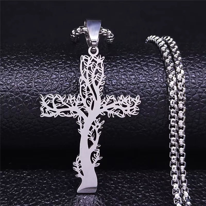 Stainless Steel Tree of Life Cross Pendant Necklace Silver Color Men Women Aesthetic Necklace Jewelry Arbol De La Vida N3018S02