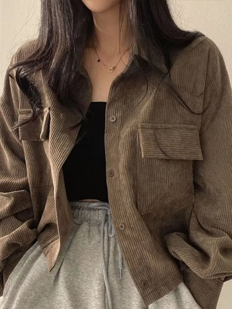 Women Vintage Corduroy Cropped Jacket Korean Fashion Long Sleeve Drawstring Blouses Female Loose Single Breasted Coats Cardigan