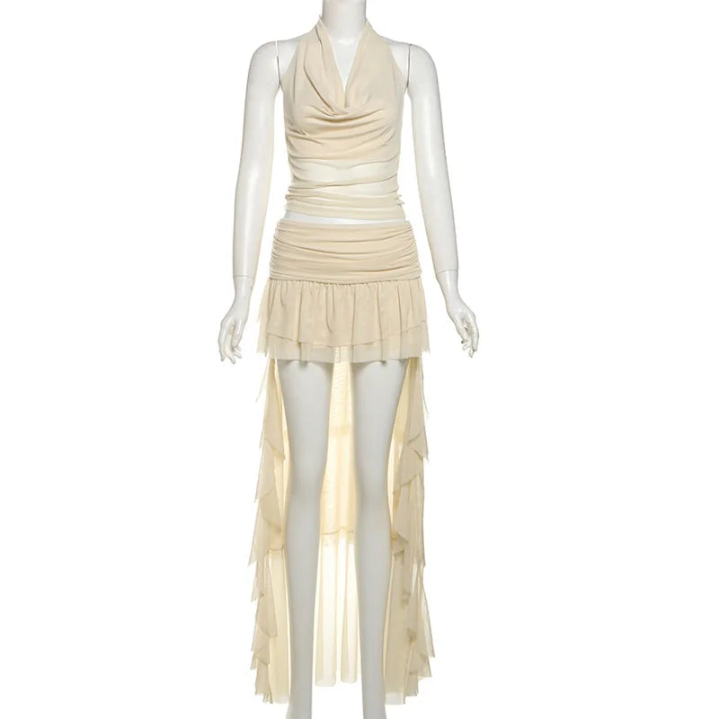 Woman Clothing 2 Pieces Set Dresses Backless Halter Top and Ruffle Long Skirt Elegant Summer Vacation Outfits P94-DH38