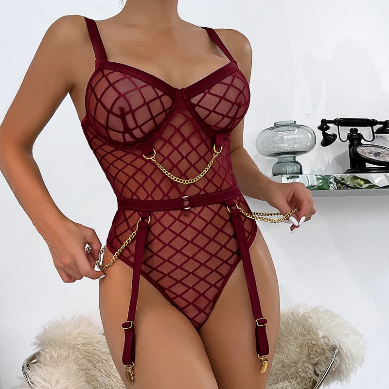 Bikini Sexy Lingerie Large Mesh Metal Steel Ring Gather Comfortably Slim Fit Jumpsuit for Women