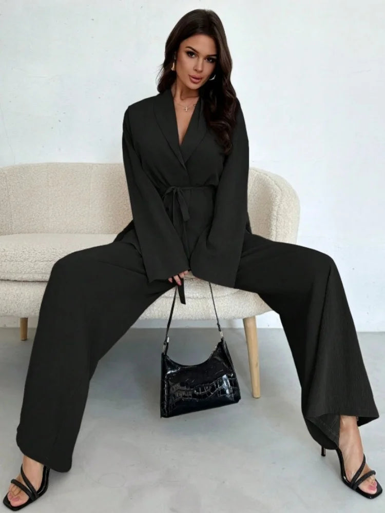  2025 Autumn Winter Two Piece Outfits Woman Clothing Fashionable V-Neck Temperament Long Sleeved Elegant Wide Leg Pants Set