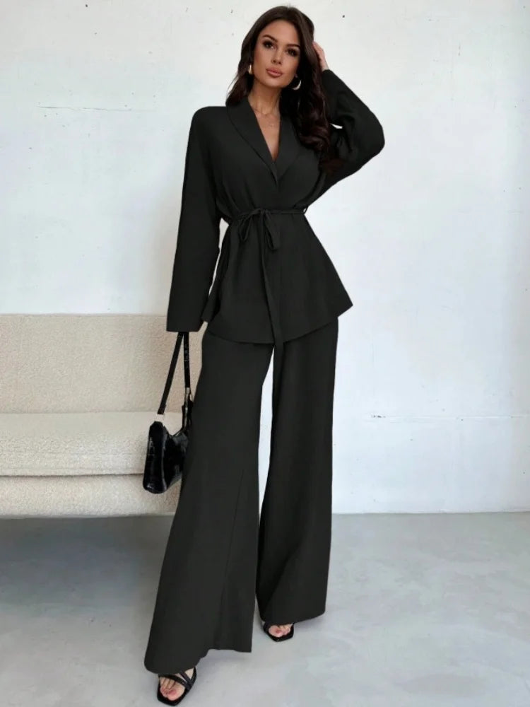  2025 Autumn Winter Two Piece Outfits Woman Clothing Fashionable V-Neck Temperament Long Sleeved Elegant Wide Leg Pants Set