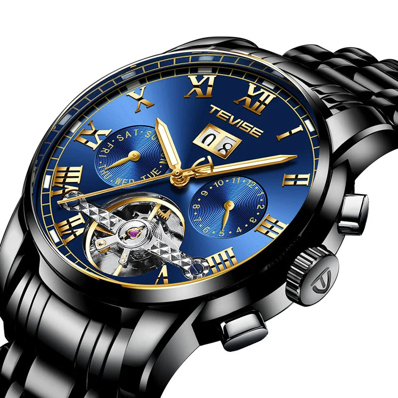 TEVISE Automatic Watch for Men Tourbillon Self-Wind Luxury Stainless Steel Strap Waterproof Luminous Date Wrist Watch