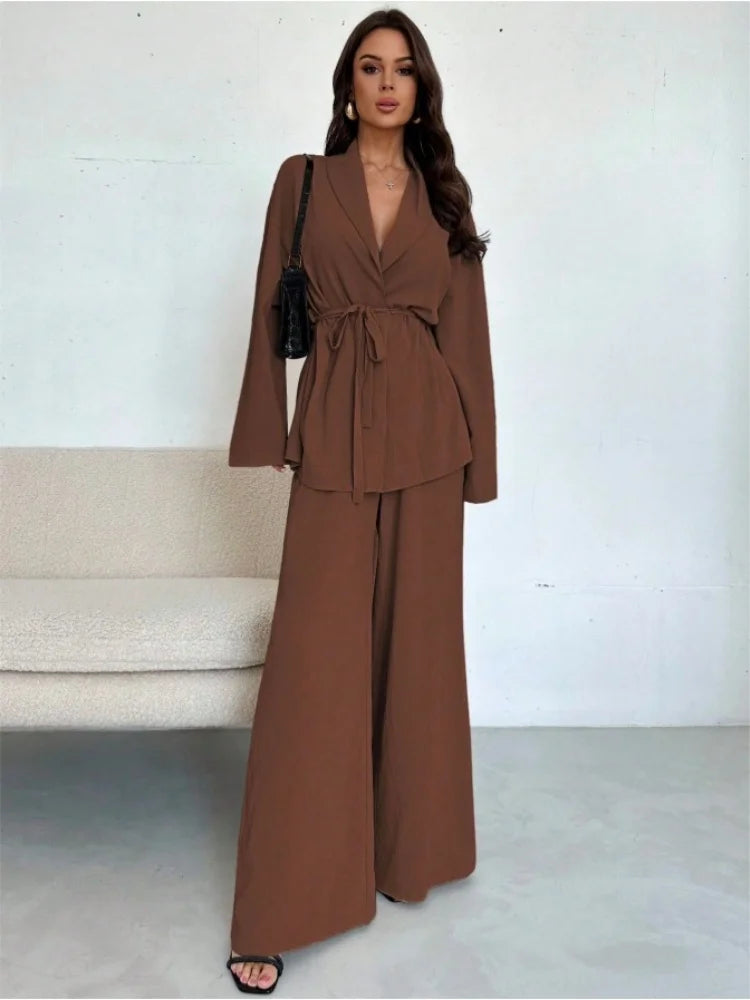  2025 Autumn Winter Two Piece Outfits Woman Clothing Fashionable V-Neck Temperament Long Sleeved Elegant Wide Leg Pants Set