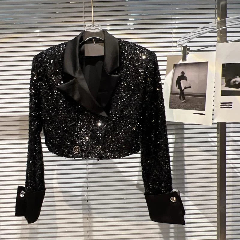 Women's Jackets Woman Clothing Small High Sequined Short Coat Female Autumn Temperament Online Celebrity Suit Collar Shiny Coat