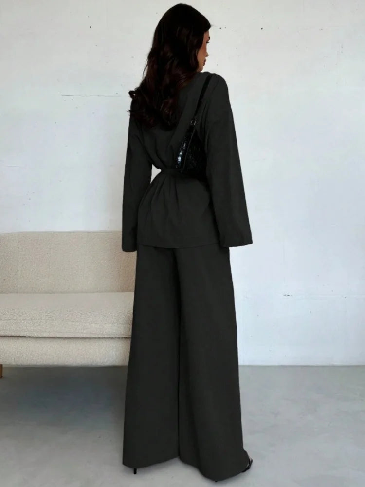  2025 Autumn Winter Two Piece Outfits Woman Clothing Fashionable V-Neck Temperament Long Sleeved Elegant Wide Leg Pants Set