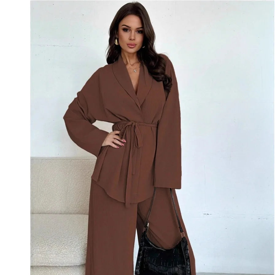  2025 Autumn Winter Two Piece Outfits Woman Clothing Fashionable V-Neck Temperament Long Sleeved Elegant Wide Leg Pants Set