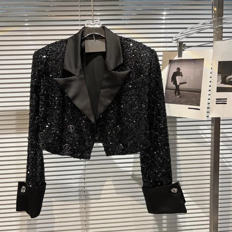 Women's Jackets Woman Clothing Small High Sequined Short Coat Female Autumn Temperament Online Celebrity Suit Collar Shiny Coat