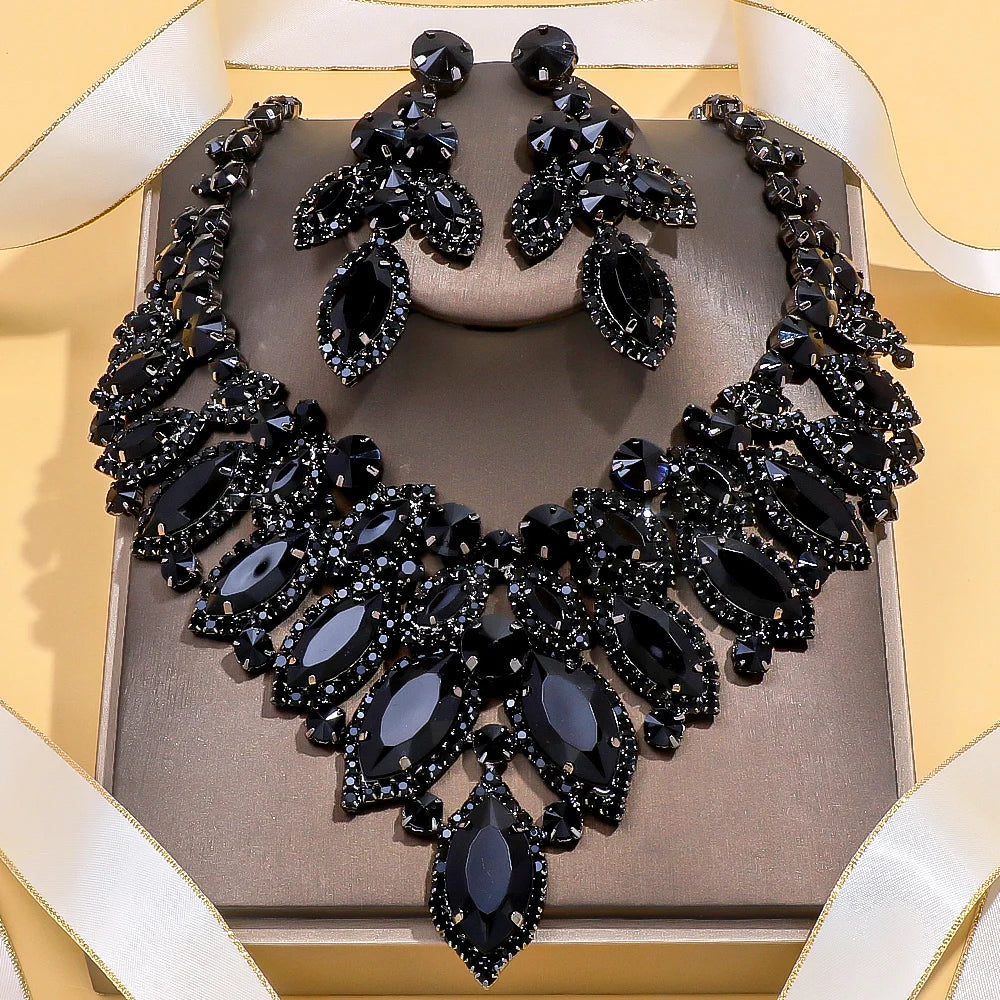 Stonefans Exquisite Earrings Necklace Set Leaf Exaggerate Accessories Luxury Black Rhinestone Bridal Jewelry Sets Prom for Women
