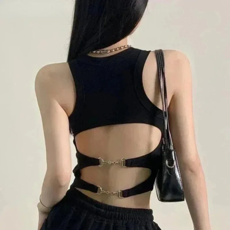 T-shirt Woman Clothing Hollow Waist Chain Y2k Tops Short Sleeve Crop Tops with Bras for Girls Sexy Street Wear Backless Top Tees