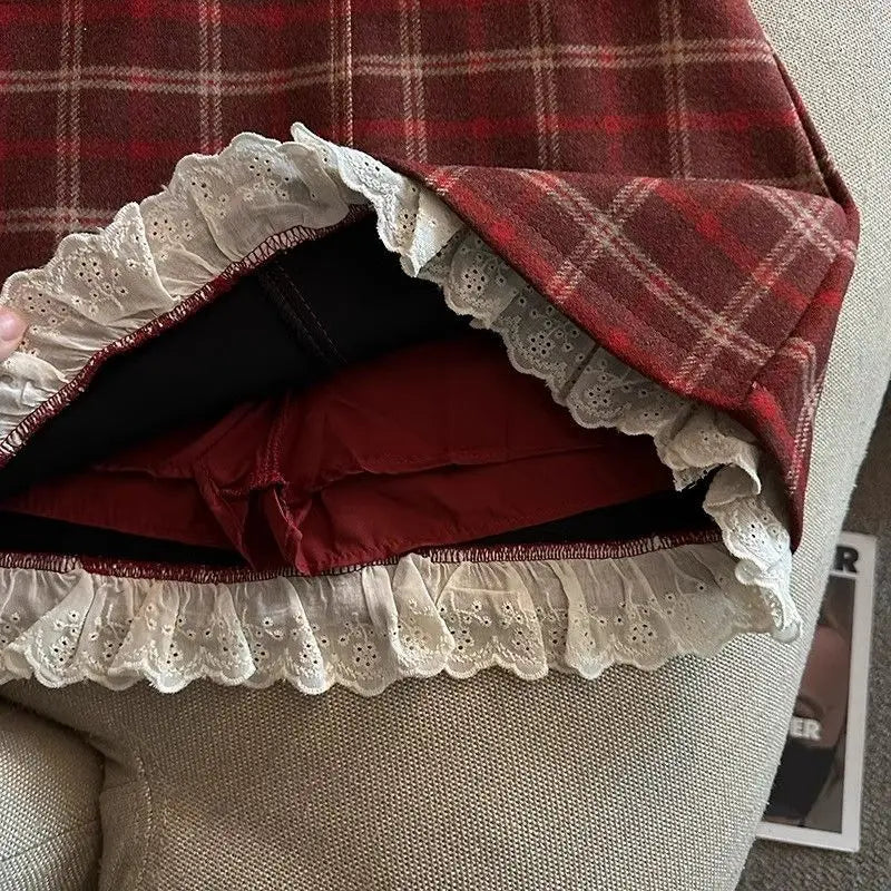 Woman Clothing Y2k Gingham JK Mini Skirts 2000s High Waist Sweet Lace Harajuku Korea A-Line Zipper Girls Vintage Autumn Winter