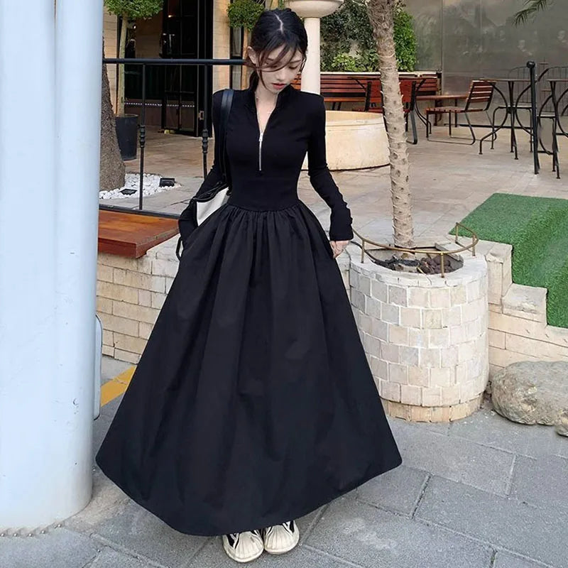Black Long Dresses for Women Korean Simple High Waist Zipper-Up Turtleneck A-Line Dress Ladies French Style High Street Vestidos