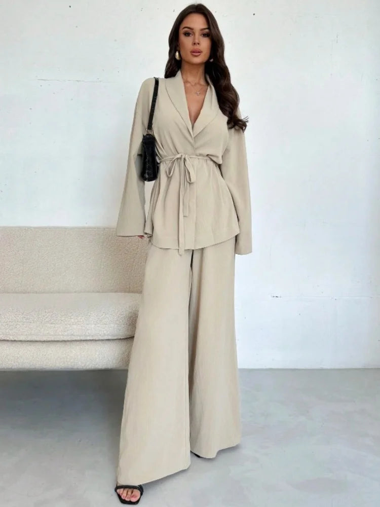  2025 Autumn Winter Two Piece Outfits Woman Clothing Fashionable V-Neck Temperament Long Sleeved Elegant Wide Leg Pants Set