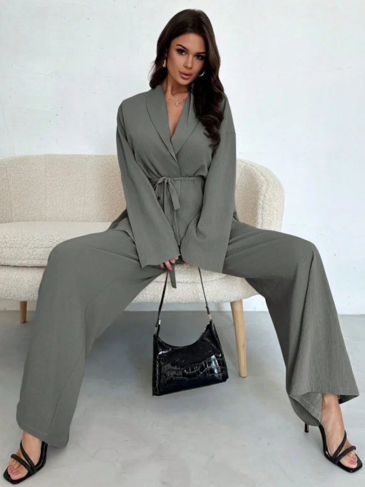  2025 Autumn Winter Two Piece Outfits Woman Clothing Fashionable V-Neck Temperament Long Sleeved Elegant Wide Leg Pants Set