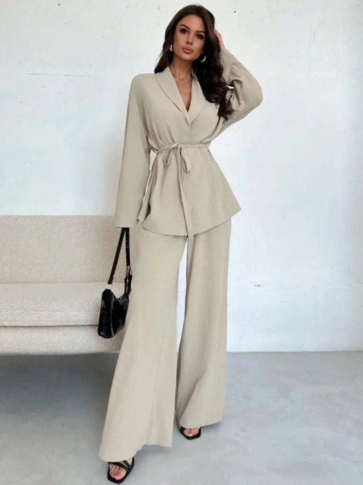  2025 Autumn Winter Two Piece Outfits Woman Clothing Fashionable V-Neck Temperament Long Sleeved Elegant Wide Leg Pants Set