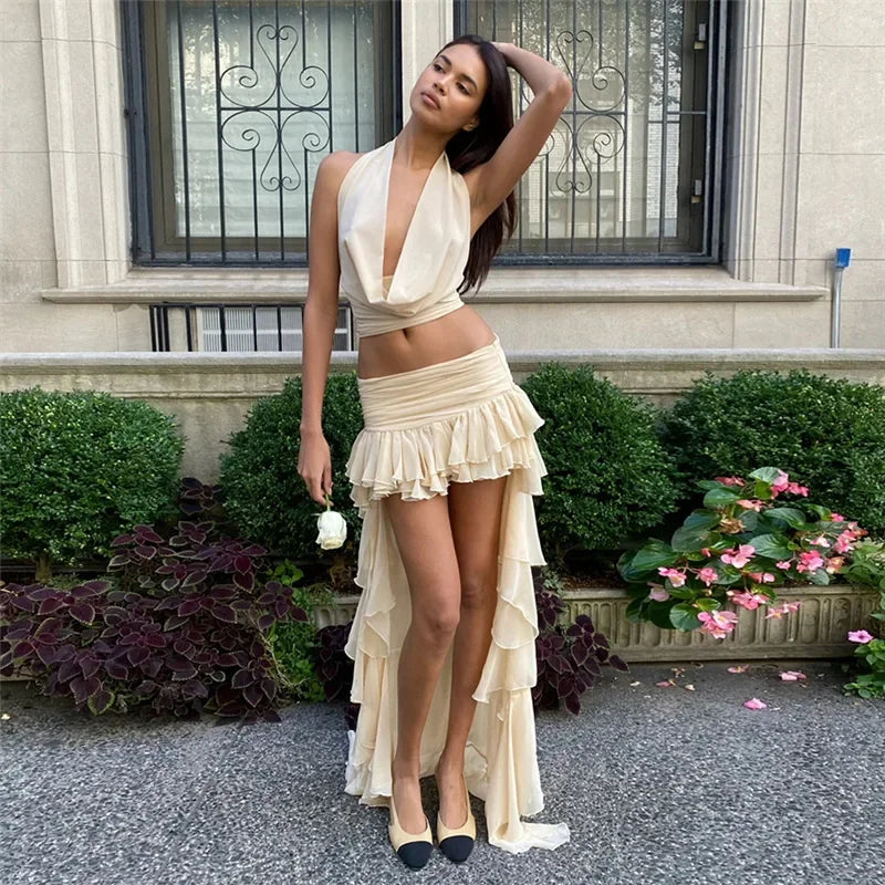 Woman Clothing 2 Pieces Set Dresses Backless Halter Top and Ruffle Long Skirt Elegant Summer Vacation Outfits P94-DH38