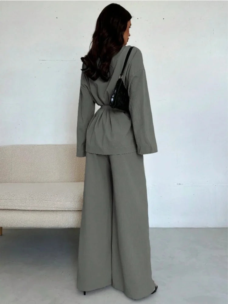  2025 Autumn Winter Two Piece Outfits Woman Clothing Fashionable V-Neck Temperament Long Sleeved Elegant Wide Leg Pants Set