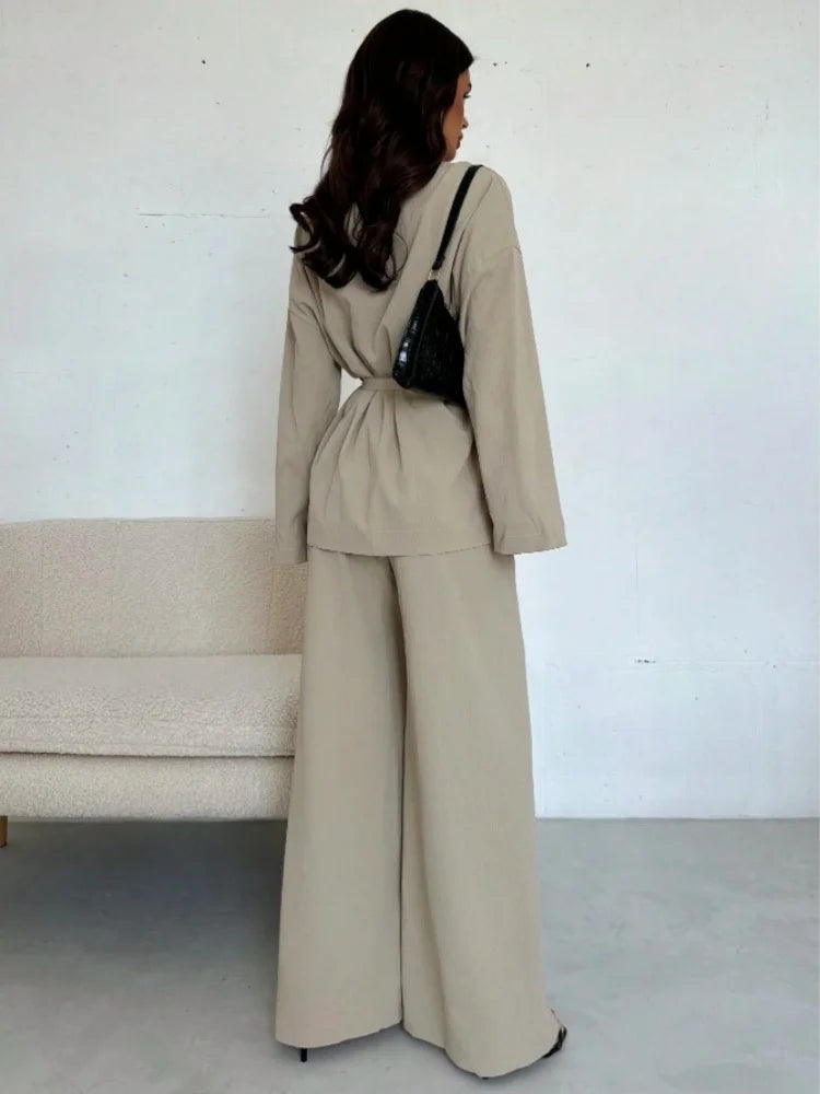  2025 Autumn Winter Two Piece Outfits Woman Clothing Fashionable V-Neck Temperament Long Sleeved Elegant Wide Leg Pants Set