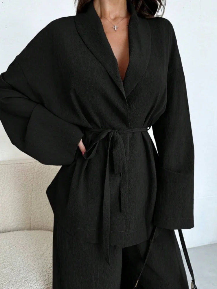  2025 Autumn Winter Two Piece Outfits Woman Clothing Fashionable V-Neck Temperament Long Sleeved Elegant Wide Leg Pants Set