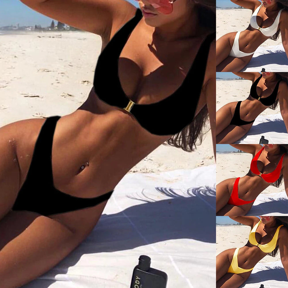 1set Women Thong Bra Bikini Swimwear Bandeau Low Waist G-String Beach Bra Top Underwear Lingerie Set Sexy Solid Swimsuit