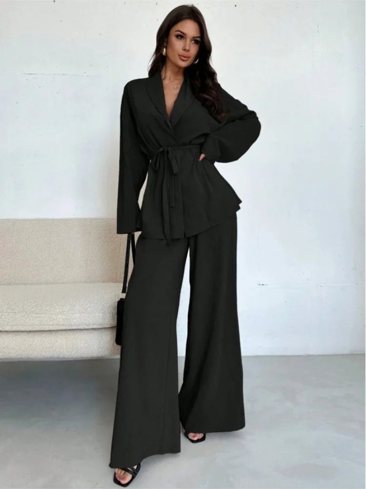  2025 Autumn Winter Two Piece Outfits Woman Clothing Fashionable V-Neck Temperament Long Sleeved Elegant Wide Leg Pants Set