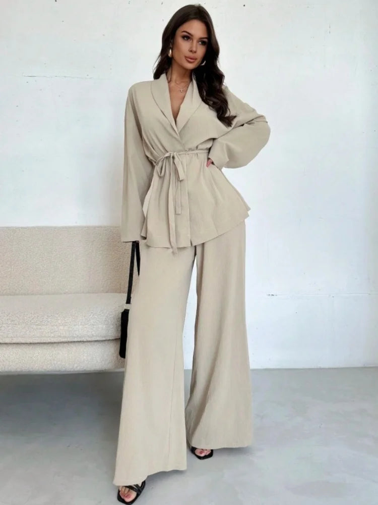  2025 Autumn Winter Two Piece Outfits Woman Clothing Fashionable V-Neck Temperament Long Sleeved Elegant Wide Leg Pants Set