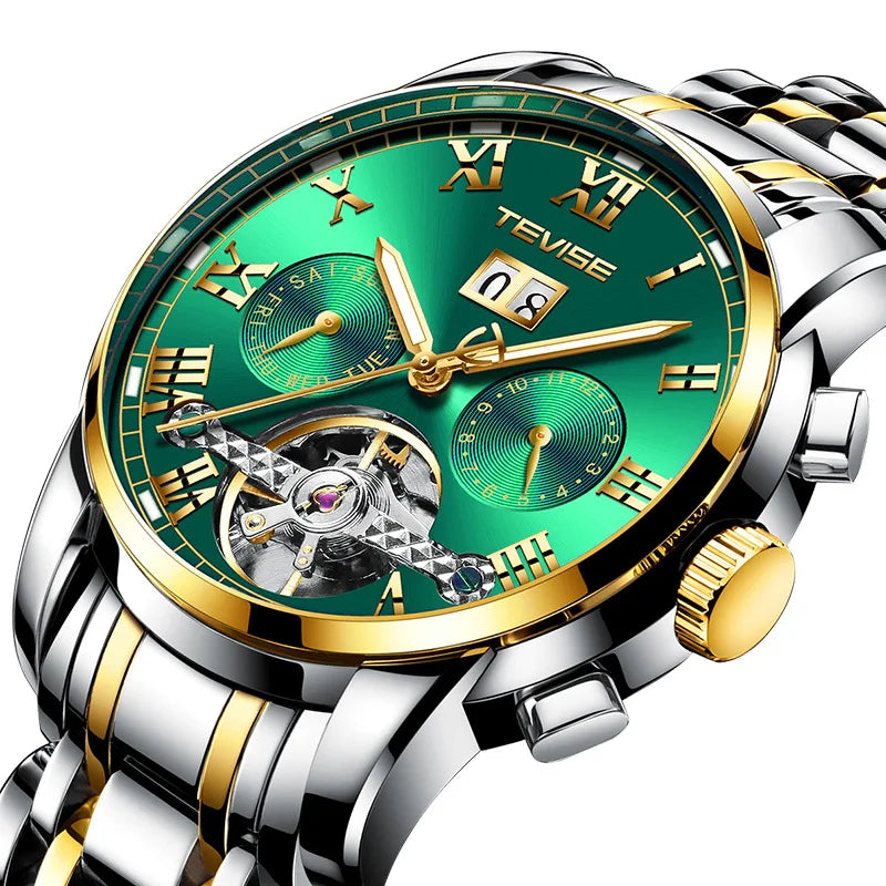 TEVISE Automatic Watch for Men Tourbillon Self-Wind Luxury Stainless Steel Strap Waterproof Luminous Date Wrist Watch