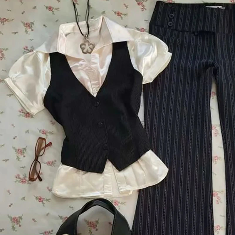 Y2k Sweet SlimTshirt Goth Fake 2 Pieces Vintage Punk Short Sleeve 2000s Button Crop Top Woman Clothing ONeck Harajuku Korea Tees