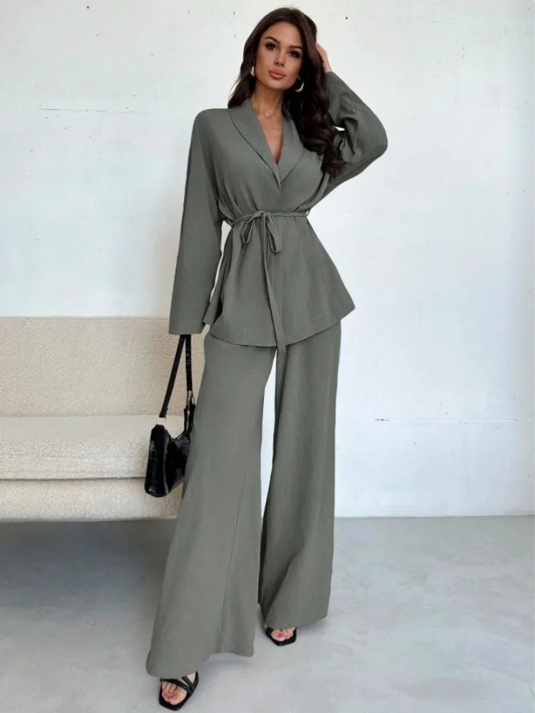  2025 Autumn Winter Two Piece Outfits Woman Clothing Fashionable V-Neck Temperament Long Sleeved Elegant Wide Leg Pants Set