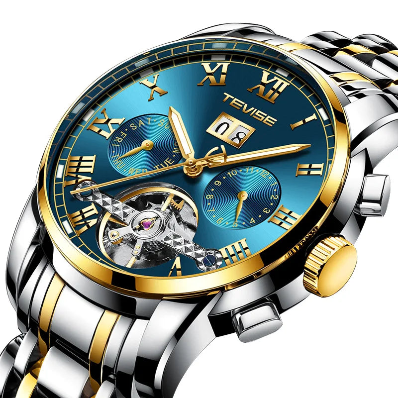 TEVISE Automatic Watch for Men Tourbillon Self-Wind Luxury Stainless Steel Strap Waterproof Luminous Date Wrist Watch