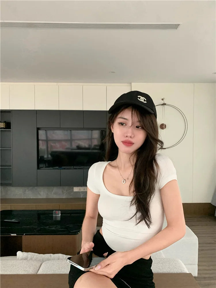 Y2K Goth Kwaii K-neck High Waist T-shirt T shirt Women Irregular Sexy Hot Crop Top Girls Tight Slim Tee Tshirt Woman Clothing