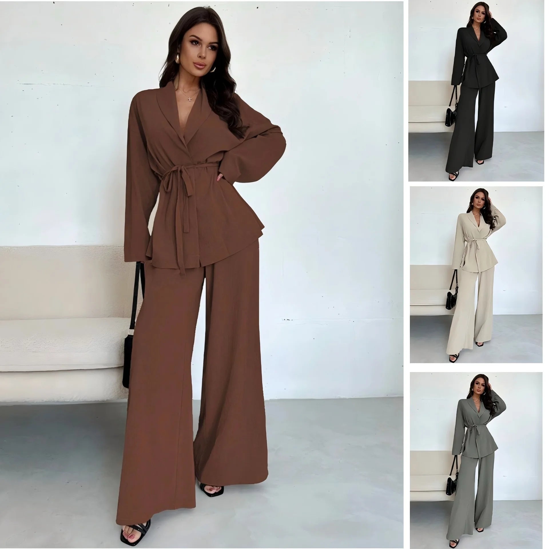  2025 Autumn Winter Two Piece Outfits Woman Clothing Fashionable V-Neck Temperament Long Sleeved Elegant Wide Leg Pants Set