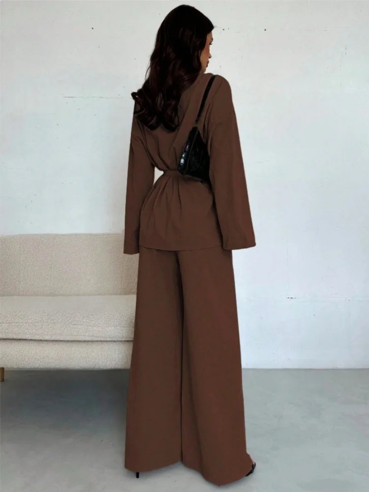  2025 Autumn Winter Two Piece Outfits Woman Clothing Fashionable V-Neck Temperament Long Sleeved Elegant Wide Leg Pants Set