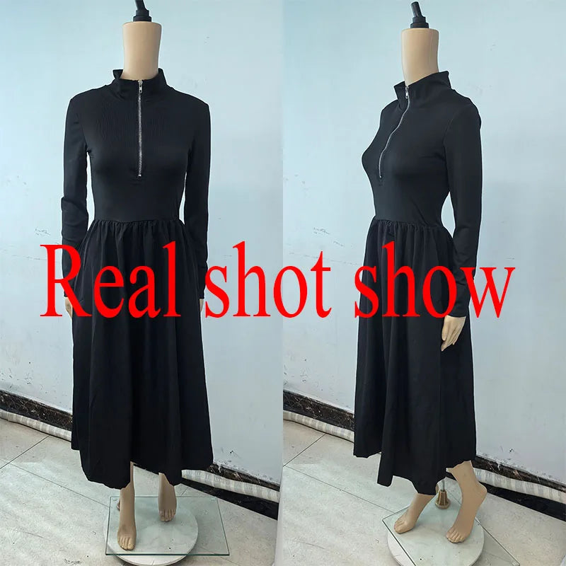 Black Long Dresses for Women Korean Simple High Waist Zipper-Up Turtleneck A-Line Dress Ladies French Style High Street Vestidos