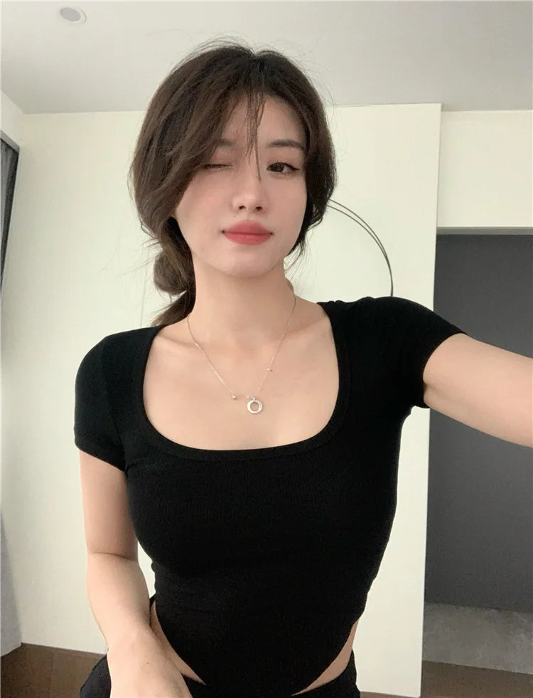 Y2K Goth Kwaii K-neck High Waist T-shirt T shirt Women Irregular Sexy Hot Crop Top Girls Tight Slim Tee Tshirt Woman Clothing