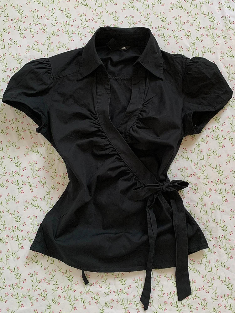 Y2k Sweet SlimTshirt Goth Fake 2 Pieces Vintage Punk Short Sleeve 2000s Button Crop Top Woman Clothing ONeck Harajuku Korea Tees