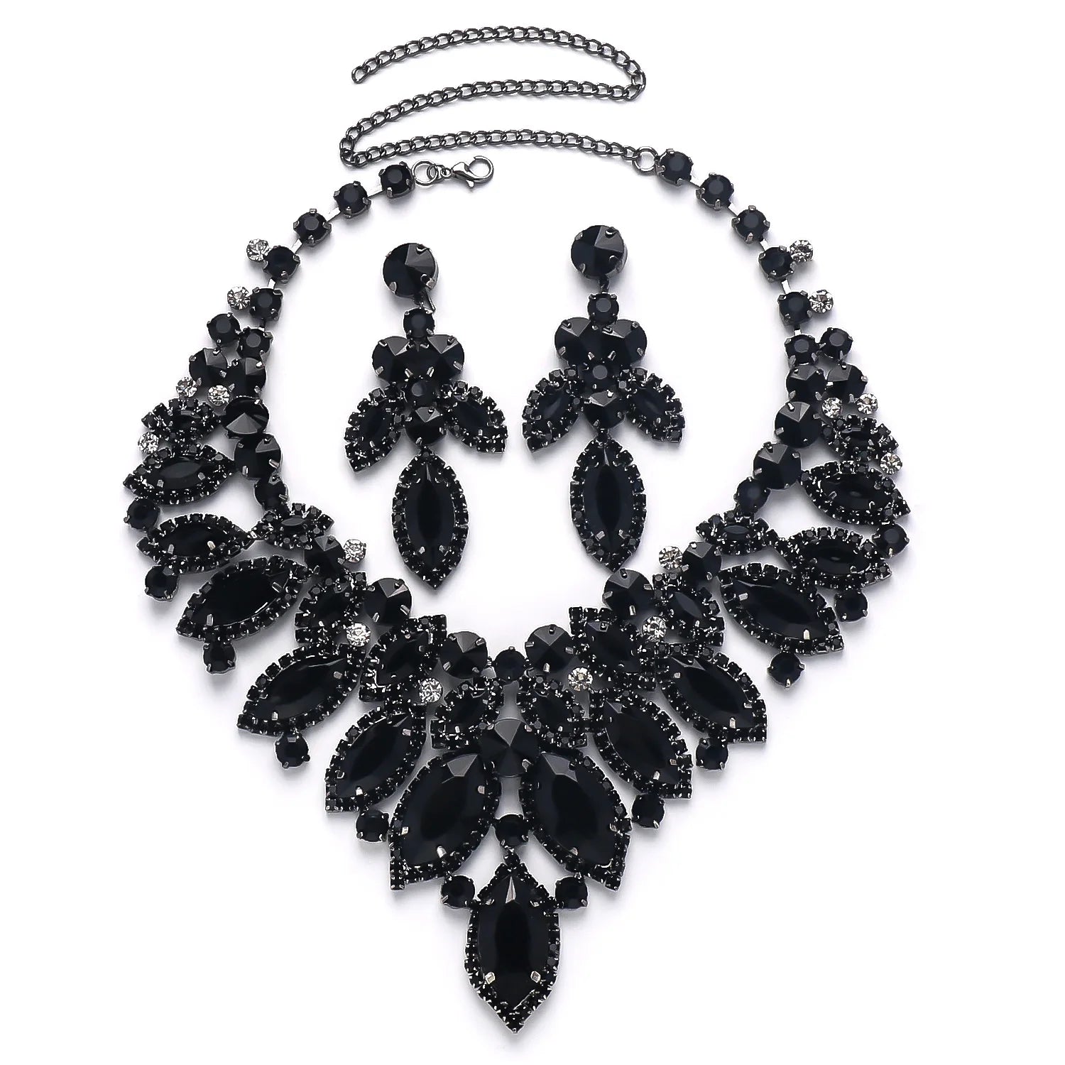 Stonefans Exquisite Earrings Necklace Set Leaf Exaggerate Accessories Luxury Black Rhinestone Bridal Jewelry Sets Prom for Women
